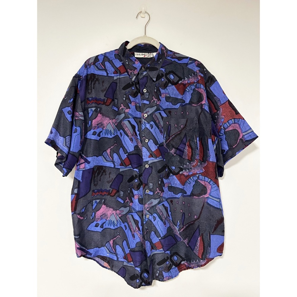 VINTAGE Thums Up For Him Mens Silk Short Sleeve Abstract Print Shirt Blue M